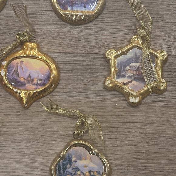 Vintage Christmas Ornament Thomas Kinkade Porcelain Gold Trim Lot Winter Scenes - Picture 5 of 10